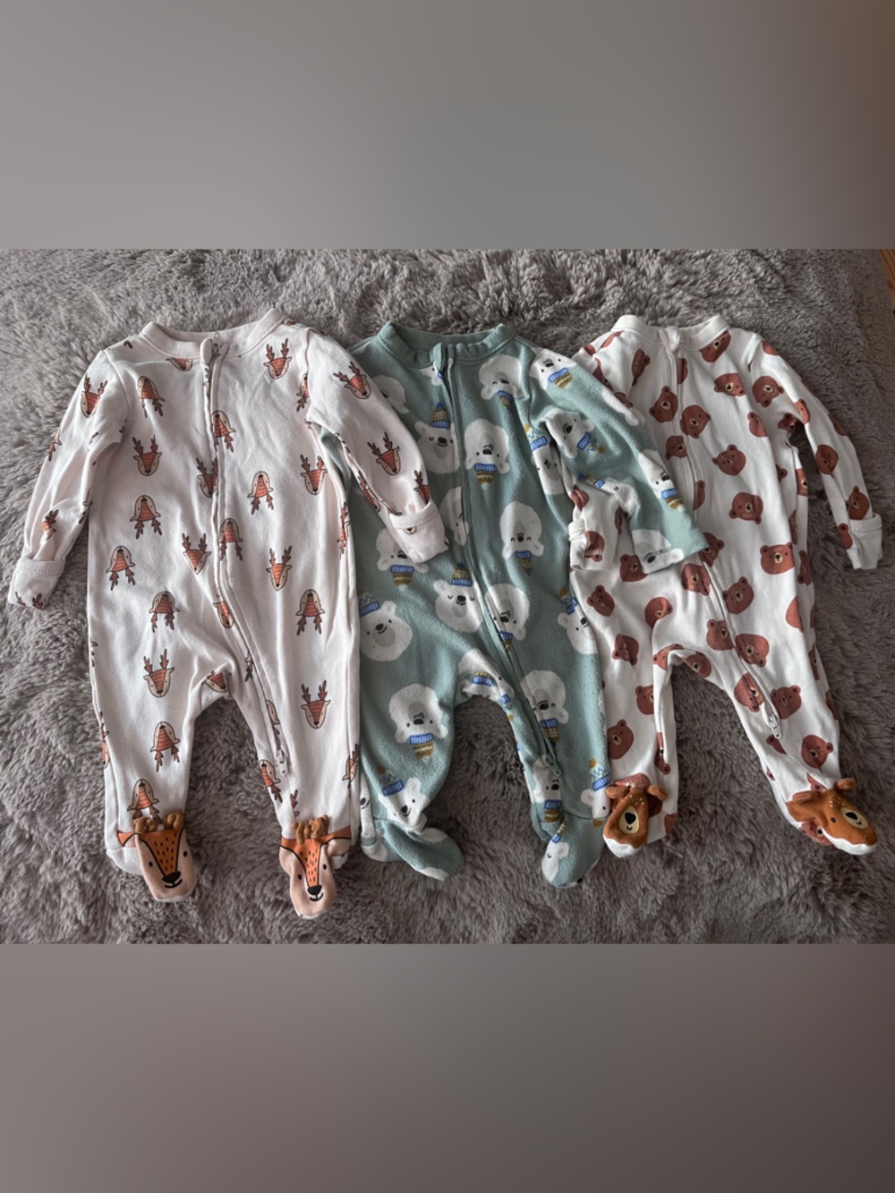 Old Navy Baby Footie One-Pieces in White, Green, and Cream with Animal Prints